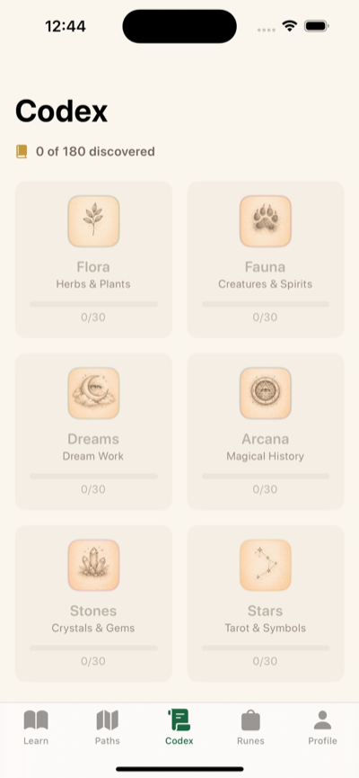 Codex with Flora, Fauna, Dreams, Arcana, Stones, and Stars categories