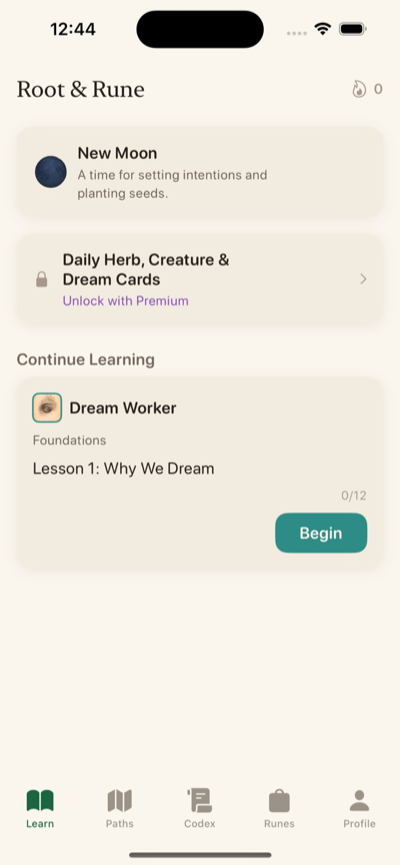 Root & Rune learn screen with moon phase and lessons