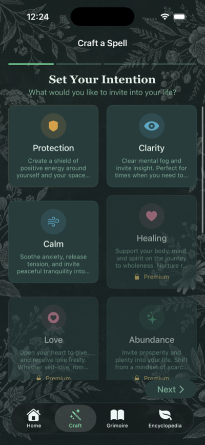 Craft a spell interface with intention categories